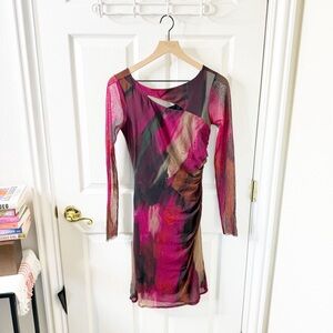 Elana Kattan‎ Mesh Overlay Abstract Pink Cutout Mini Dress Long Sleeve Ruched S